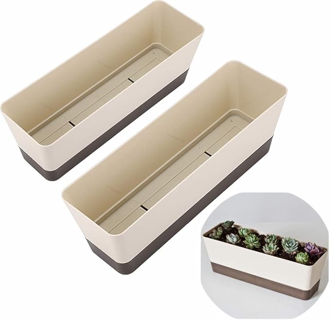 Skelang 2 Pcs Rectangular Plant Pot, 12" Watering Plant Container with Drainage Hole, Window Planter Box with Saucer for Succulents, Flowers, Herbss Skelang