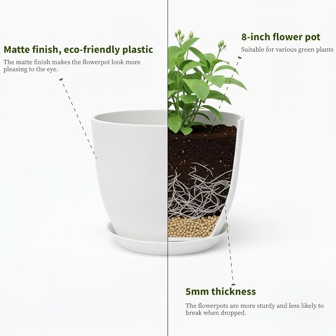 Plant Pots 8 Inch Set of 6, Flower Pots with Drainage Holes and Saucer, Plastic Garden Planters for Indoor & Outdoor Plants (White) Vanslogreen