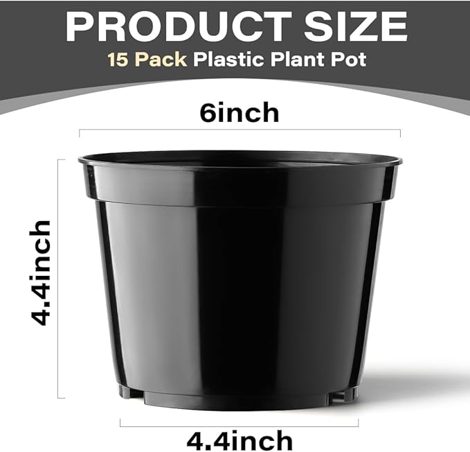 BTPLASTIK 15 Pack 6 Inch Plastic Plant Pots with Drainage Holes, Sturdy Nursery Pots for Plants, Thickened Flower Pots for Indoor Outdoor Planting Transplanting, Succulents, Seedlings, Black BTPLASTIK