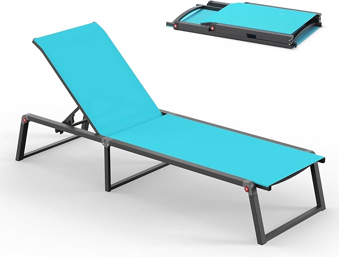 Aluminum Chaise Lounge Chair Outdoor, Foldable & Assembly Free Patio Pool Lounge Chairs 5-Position Recliner for Outside Poolside, Fully Grounded Legs Sun Lounger for Beach, Yard, Lake Blue Oasbira