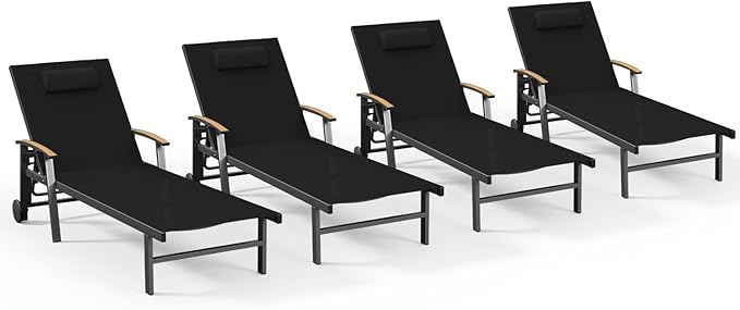 Ciokea Outdoor Lounge Chair with Pillow Set of 4, 5-Position Chaise Lounge with Wheels & Armrests, 400 lbs Heavy Duty Aluminum Pool Lounge Chairs, for Beach, Deck, Poolside & Backyard, Black CIOKEA