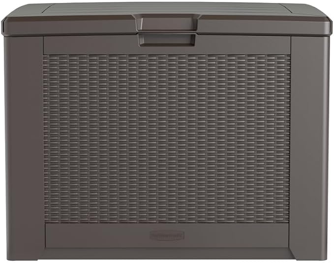 Rubbermaid Medium Resin Outdoor Storage Deck Box (74 Gal) Weather Resistant Brown Deck Organization for Home/Backyard/Pool Chemicals/Toys/Garden Tools/Porch/Patio Cushions Rubbermaid