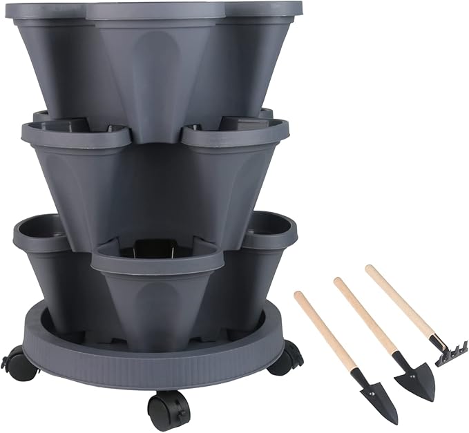 DUNCHATY Stackable Planter, Vertical Garden Planter with Wheels and Tools, Self Watering Strawberry Planter Indoor/Outdoor 3 Tier Herb Planter Pots for Growing Vegetables and Succulents, Dark Gray DUNCHATY