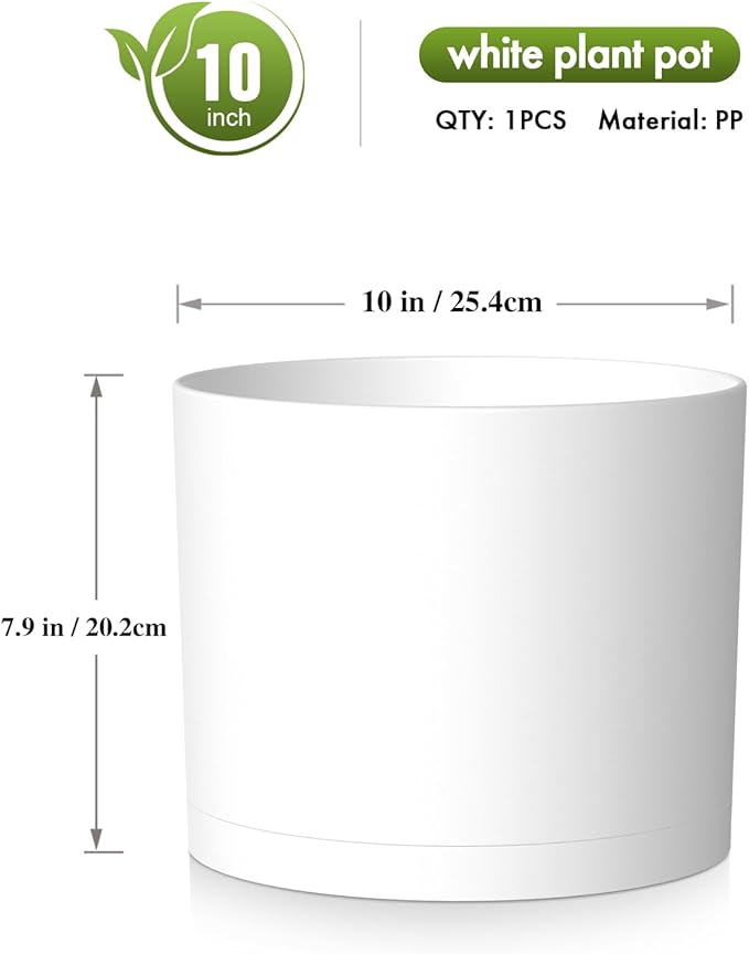 10 Inch Round Plastic Plant Pot with Drainage Holes and Saucer, Wide Flower Pots for Indoor & Outdoor Plants– 7.9" Tall Modern Cylinder Planter Pot for House Plants and Home Decorative, Matte White WSMKSZ