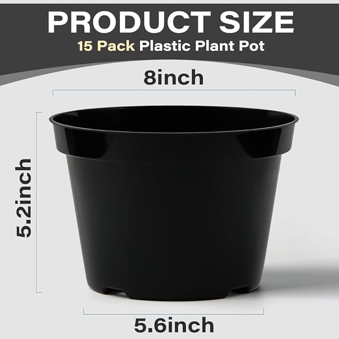 BTPLASTIK 8 Inch Plastic Plant Pots, 15 Pack Sturdy Nursery Pot with Drainage Holes, Flower Planter Pots for Indoor Outdoor, Garden Containers Sets for Vegetable Herbs Flowers, Black BTPLASTIK