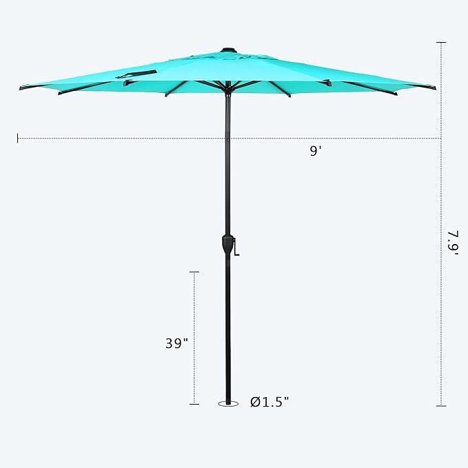 Abba Patio 9FT Lyon Outdoor Patio Umbrella Outdoor Table Umbrella with Push Button Tilt and Crank Market Umbrella 8 Sturdy Ribs UV Protection Waterproof for Garden Deck Backyard Pool, Turquoise AbbaPatio