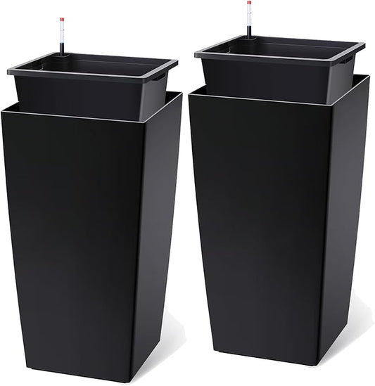 30 Inch Tall Self Watering Planters Set of 2, Outdoor Plant Pots with Automatic Watering System, Water Level Monitor, Drainage, Wheels & Inner Bucket, for Front Porch & Indoor Plants Black Rootora