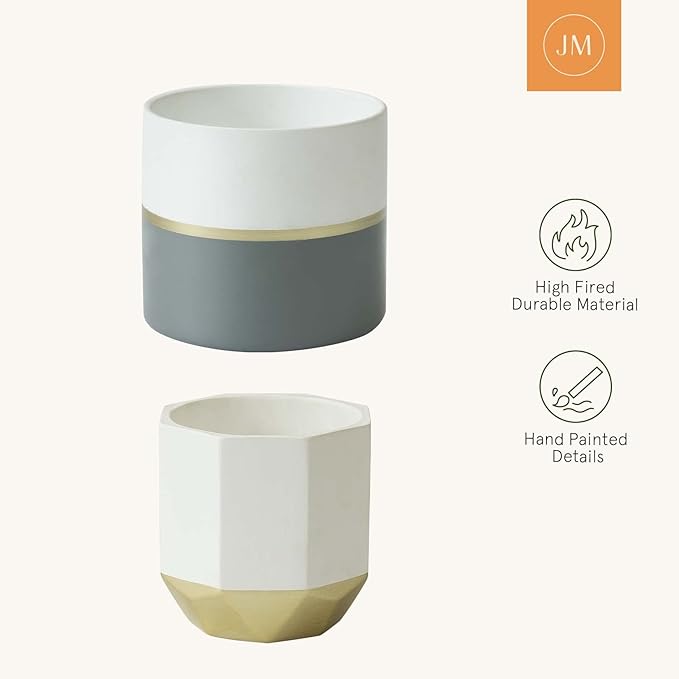LA Jolie Muse White Ceramic Flower Pot Garden Planters 6.7 Inch Pack 2 Indoor Plant Containers with Gold and Grey Detailing LaJol%C3%ADeMuse