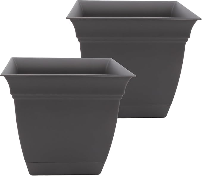 The HC Companies 10 Inch Eclipse Square Planter Pots with Drainage Holes & Attached Saucer, Lightweight UV-Resistant Plastic Indoor Outdoor Planters, 2-Pack Flower Pots, Garden Home Decor, Warm Gray TheHCCompanies