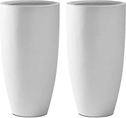 Kante 23.6" H Pure White Concrete Tall Planters (Set of 2), Large Outdoor Indoor Decorative Plant Pots with Drainage Hole and Rubber Plug, Modern Style for Home and Garden Kante