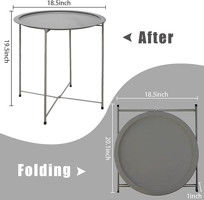 Garden 4 you Folding Tray Metal Side Table 2PC Grey Round End Table Cyan Sofa Small Accent Fold-able Table, Round End Table Tray, Next to Sofa Table, Snack Table for Living Room and Bed Room Garden4you