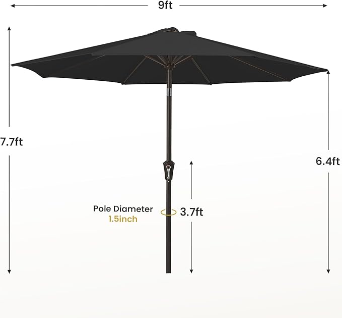 MEWAY 9ft Patio Umbrella Outdoor Table Umbrellas with Push Button Tilt and Crank, Market Umbrella 8 Sturdy Ribs for Deck, Garden, Pool and Backyard, Black MEWAY