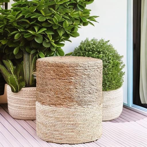 Wimarsbon Ottoman Poufs, 100% Natural Seagrass Pouffe, Hand Weave Round Footstool with Wood Frame, Sitting Braided Footrest, Home Boho Decorative Seat, Accent Chair for Living Room, Bedroom Wimarsbon