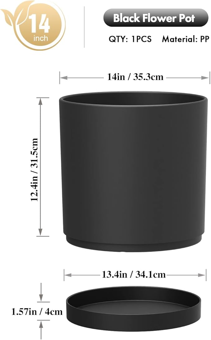 14 Inch Heavy-Duty Cylinder Deep Planter for Indoor Outdoor Plants, Tall Large Plastic Plant Pot with Drainage Holes and Saucer, Decorative Flower Pot for Patio Garden, Black WSMKSZ