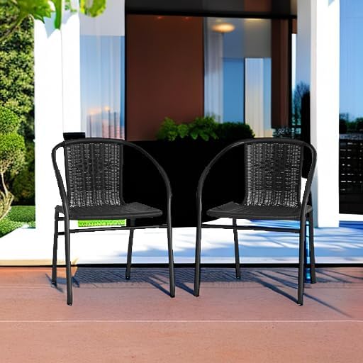 EMMA + OLIVER Set of 2 Modern Rattan Indoor/Outdoor Stack Chairs, Stacking Rattan Patio Chairs with Curved Back and Cross Bracing, Black EMMAOLIVER
