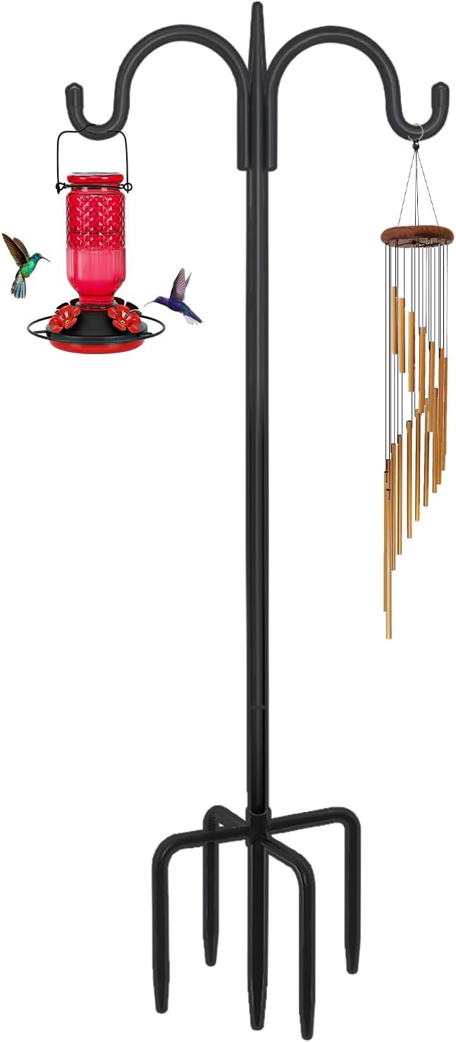FEED GARDEN Adjustable Double Shepherds Hook for Outdoor with 5 Prong Base 108 Inch Heavy Duty Two Sided Bird Feeder Pole for Hanging Plant Baskets, Solar Light Lanterns, Wind Chimes FEEDGARDEN