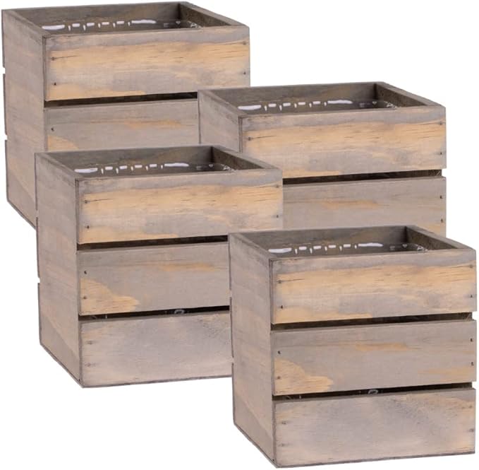 Wood Planter Box with Wine Crate Styled, 5 Inch Square, Rustic Barn Wood, Plastic Liner, Wedding Flowers Holder, Home and Venue Decor, (5x5 Wine Crate Set of 4) Rootora