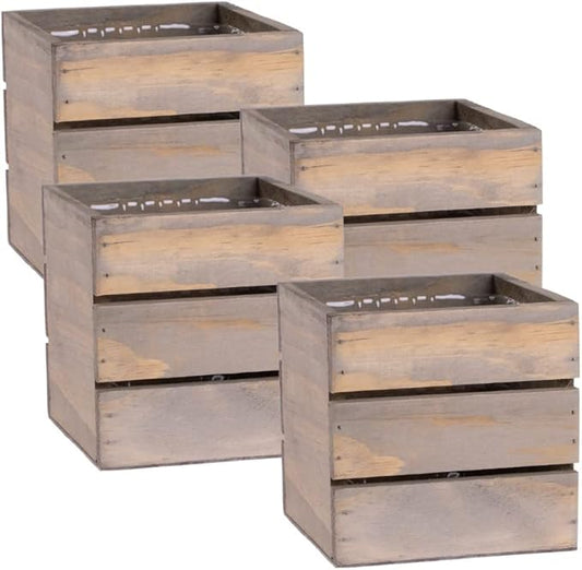 Wood Planter Box with Wine Crate Styled, 5 Inch Square, Rustic Barn Wood, Plastic Liner, Wedding Flowers Holder, Home and Venue Decor, (5x5 Wine Crate Set of 4) Rootora