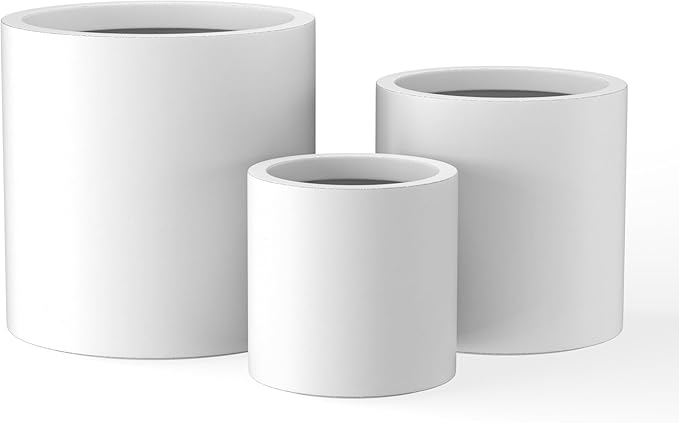 Kante RC0119ABC-C80011 Set of 3 Lightweight Concrete Modern Cylinder Outdoor Planters, 15.8, 12.9 and 9.8 Inch Diameter, Pure White Kante