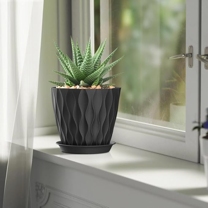 7 Inch Plant Pots 5 Pack, Flower Planters with Drainage Holes and Trays,Plastic Pots for Indoor Outdoor Plants,Black SQKH