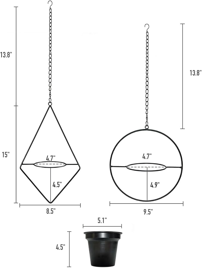Metal Hanging Planters, Modern Plant Hanger with 5 inch Flower Pot, Set of 2 Black Plant Holder in Diamond and Round Shape, Small Wall and Ceiling Planter for Indoor Plants, Home Décor HemePaha