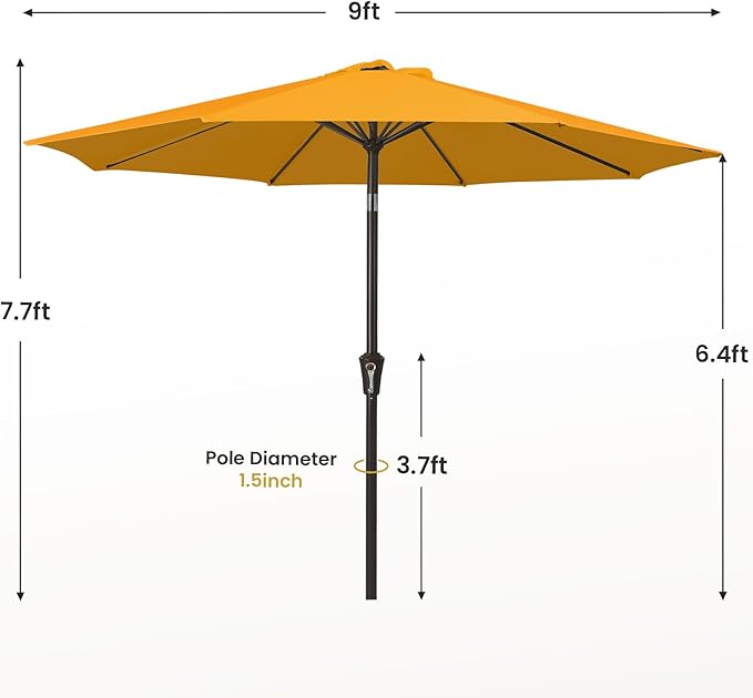 MEWAY 9ft Patio Umbrella Outdoor Table Umbrellas with Push Button Tilt and Crank, Market Umbrella 8 Sturdy Ribs for Deck, Garden, Pool and Backyard, Sun Orange MEWAY