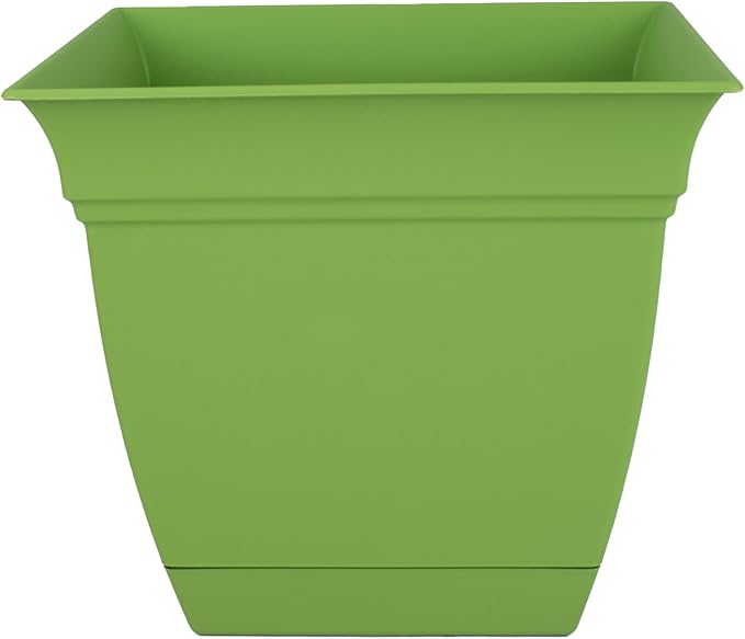 The HC Companies Eclipse Square Plastic Planter w/Attached Saucer - Outdoor & Indoor Plant Pot with Drainage Holes - Lightweight, UV-Resistant Plastic Pots for Plants (10" Peridot Green, Pack of 1) TheHCCompanies