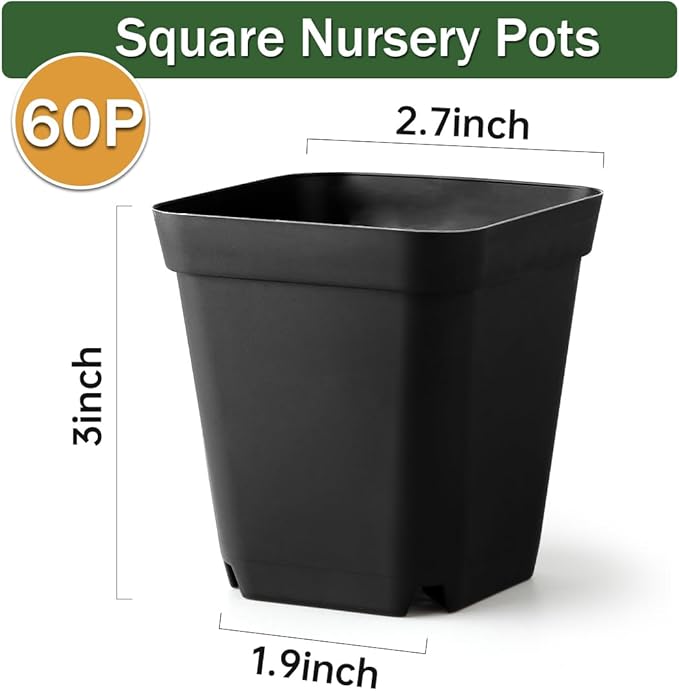 60 Pcs Nursery Pots 2.7 Inch, Plastic Seed Starting Pot with Drainage Holes, Sturdy Seedling pots for Planting, Cuttings (Black) BTPLASTIK