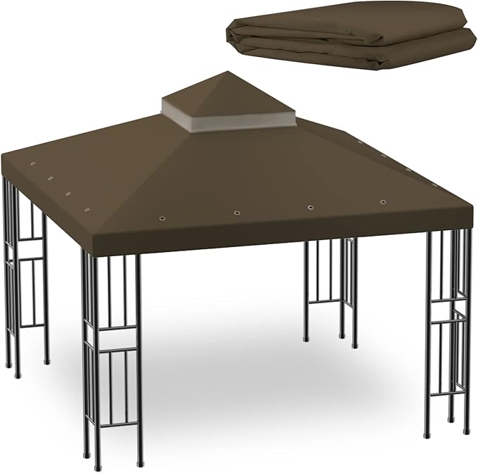 Sumfaller 10x10 FT Gazebo Replacement Canopy Top Cover Double Tiered Canopy Top Cover for Outdoor BBQ Roof Cover Grill Shelter (Dark Brown) Rootora