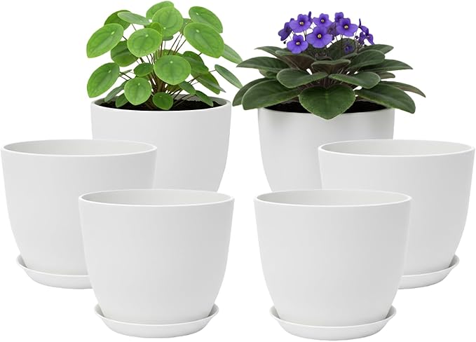 Plant Pots 8 Inch Set of 6, Flower Pots with Drainage Holes and Saucer, Plastic Garden Planters for Indoor & Outdoor Plants (White) Vanslogreen