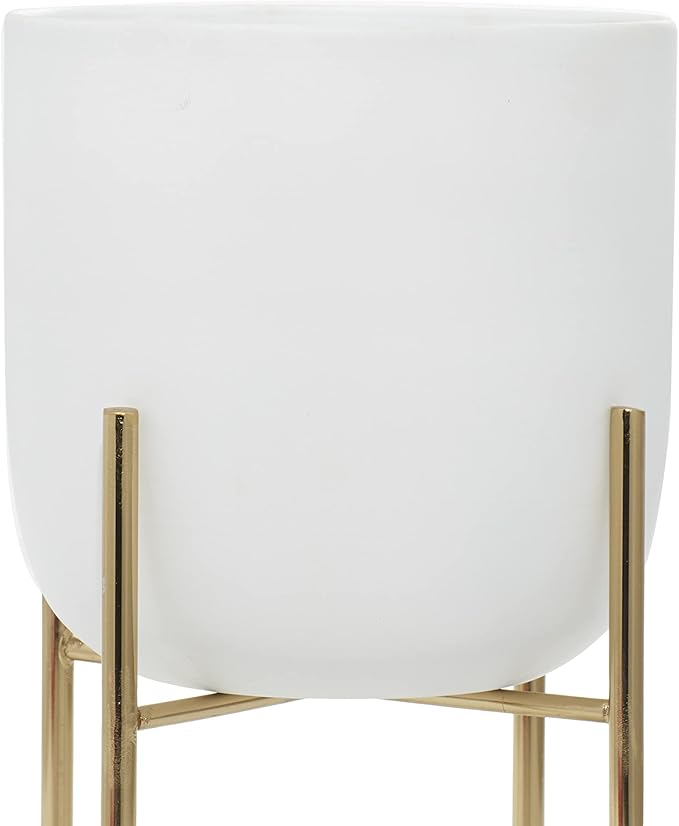 Deco 79 Metal Indoor Outdoor Planter Large Planter Pot with Removable Gold Stand, Set of 2 Planters 16", 13"H, White Deco79