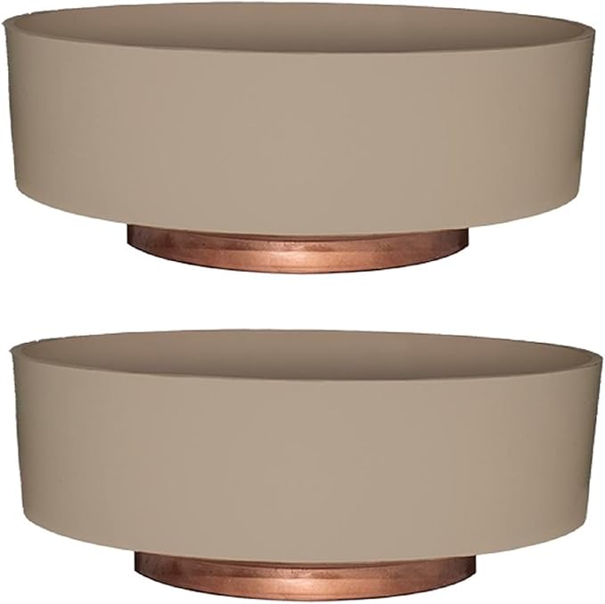 The HC Companies 8 Inch Round Plastic Succulent Capri Bowl Decorative Indoor Flower Succulent Planter Pot with Drain Plug Hole, Artisan Taupe with Copper Bottom Color (2 Pack) TheHCCompanies