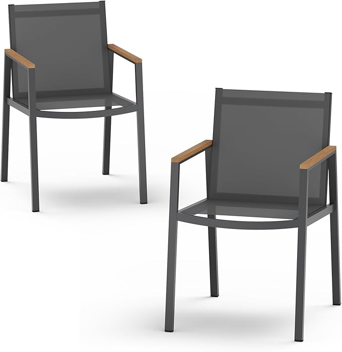 Outdoor Dining Chairs Set of 2, Aluminum Patio Dining Chairs with Textilene Fabric & HDPS Armrest for Ergonomic Design, All-Weather Outdoor Furniture for Garden and Indoor, Gray Oasbira