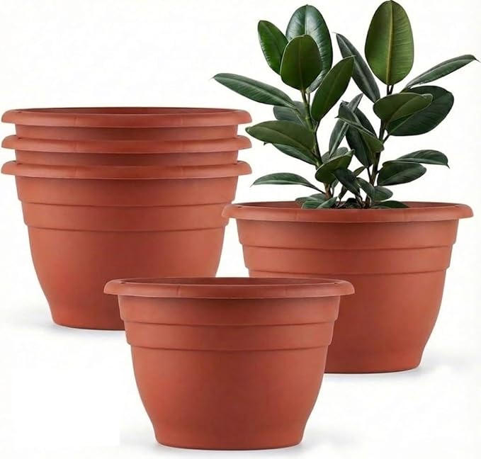 5 Pack 10 Inch Plant Pots Lightweight Planters with Drainage Holes,Durable Indoor & Outdoor Flower Pots for Garden,Patio & Home Decor(Pottery Red) RooTrimmer