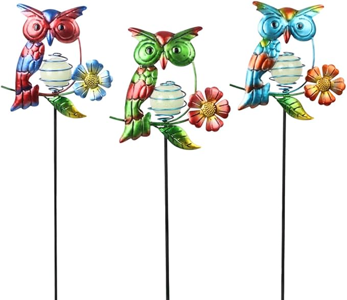 Set of 3 Owl Decorative Garden Stakes,Glow in The Dark Metal Yard Art,Waterproof Stakes Decorative for Outside,Metal Garden Decor for Mom,Women,Yard Lover SATHGA