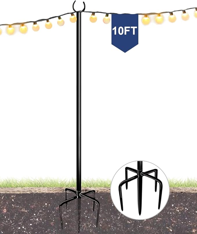10FT String Light Pole for Outdoor, Heavy Duty Metal Lighting Stand Pole for Garden Lawn Backyard Patio Holiday Wedding Party Decorations (1 Pack) Eazielife