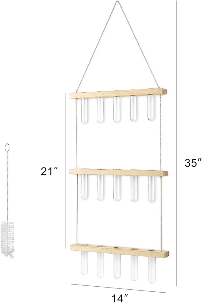 Mkono 3 Tiered Wall Hanging Plant Terrarium with Wooden Stand, Glass Planter for Hydroponic Plant Cutting, Home Garden Office Decor, Gift Mkono