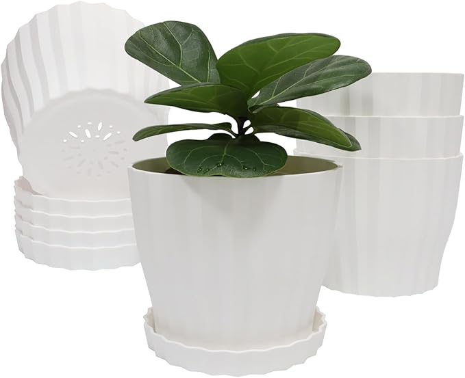 Flower Pots Outdoor Clearance 6 inch Set of 5 Succulent Planters for Indoor Plants Garden Home Holiday, Plastic Nursery Pots for Plants with Drainage Holes and Saucer, Modern Plant Pot White KAHEAUM