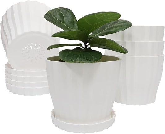 Flower Pots Outdoor Clearance 6 inch Set of 5 Succulent Planters for Indoor Plants Garden Home Holiday, Plastic Nursery Pots for Plants with Drainage Holes and Saucer, Modern Plant Pot White KAHEAUM