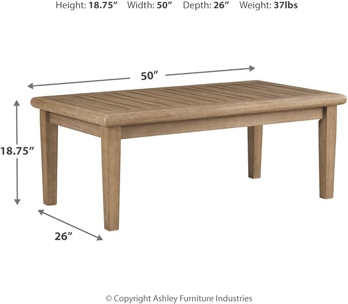 Signature Design by Ashley Gerianne Contemporary Outdoor Rectangular Cocktail Table, Slatted Top Sheds Rainwater, Eucalyptus Wood, 50" W x 26" D x 18.63" H, Beige SignatureDesignbyAshley