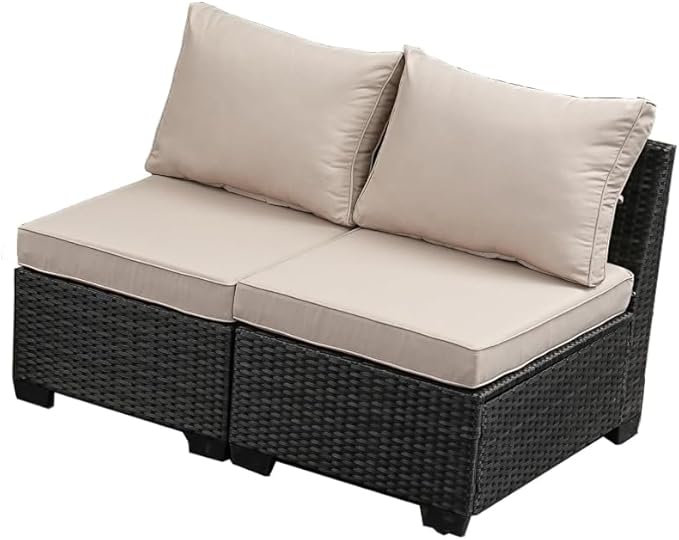 Jing's Villa 2 Piece Patio Wicker Armless Sofa, All-Weather Outdoor Sectional Sofa Set with Thick Seat Cushions and 2 Back Cushions for Garden Patio, Backyard, Poolside Beige JingsVillaOutdoorFurniture