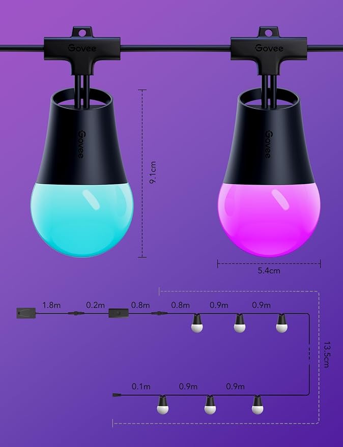 Govee Smart Outdoor String Lights 2, 48ft Outdoor Lights with Dimmable Warm White LED Bulbs, 47 Scene Modes for Patio, Backyard, Balcony, IP65 Waterproof, Works with Alexa, App Control Govee