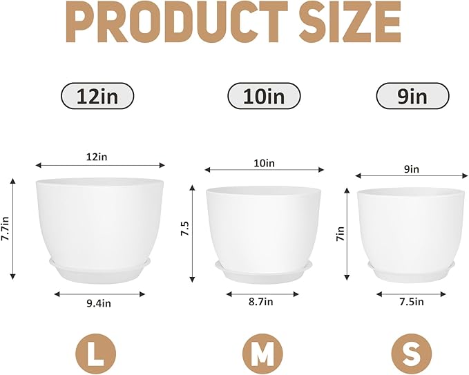 Plant Pots 12/10/9 inch Set of 3, Flower Pots with Multi Mesh Drainage Holes, Large Planters for Indoor Outdoor Garden Plants and Flowers. (White) AFamilyofGardenLovers