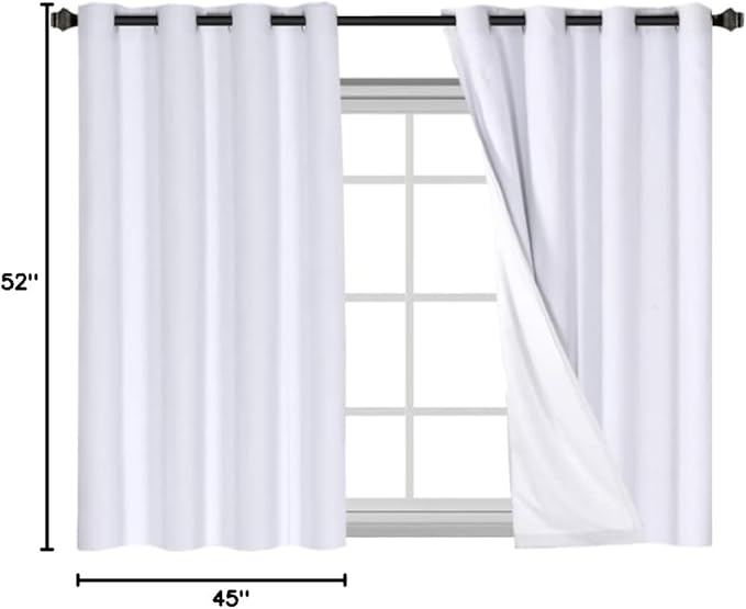 H.VERSAILTEX Linen Blackout Curtains 45 Inches Long 100% Blackout Thermal Insulated Textured Linen Look Curtain Draperies Anti-Rust Grommet, Energy Saving with White Liner, 2 Panels, Bright White HVERSAILTEX