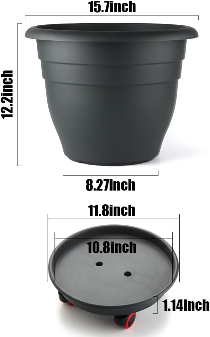 3-Pack Jumbo 15.7 Inch Planters with Rolling Saucers & Drainage – Large Flower Pots for Indoor/Outdoor, Heavy-Duty Moving Trays, Fits Tall Plants (Set of 3, Black) RooTrimmer