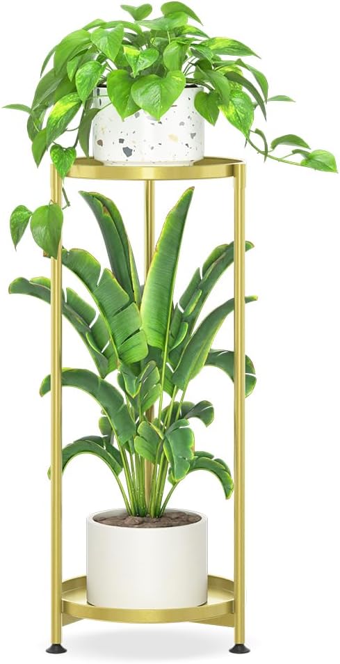 iDavosic.ly 2 Tier Corner Plant Stand Indoor, Tall Vertical Metal Flower Heavy Duty Pot Holder Shelf Outdoor for Patio Porch Living Room, Gold - Round iDavosicly