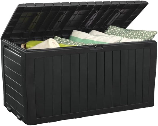 Keter Marvel Plus 71 Gallon Resin Outdoor Storage Box for Patio, Balcony & Garden – Weather‑Resistant Deck Box for Cushions, Pillows, Pool Floats & Tools, Dark Grey Keter