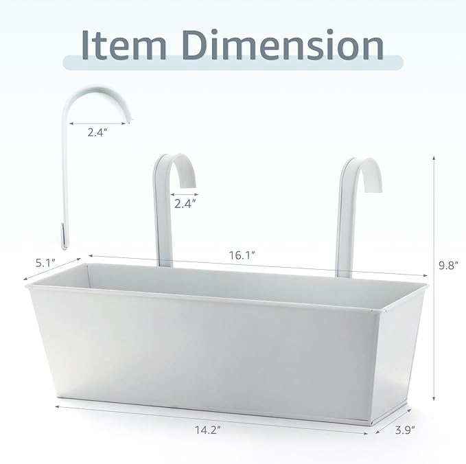 3 Pack Metal Railing Planters, 16 Inch Large Rectangular Hanging Flower Pots with Detachable Hooks & Drainage Holes, Fits Rails up to 2.5", Galvanized Iron Window Box for Balcony Garden - White MeltsetM