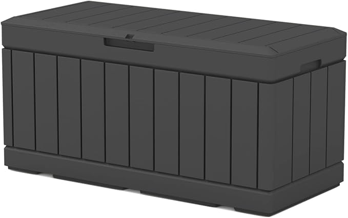 Patiowell 82 Gallon Resin Deck Box, Waterproof Large Wood Look Storage Box for Patio Furniture, Pool Accessories, Garden Tools and Sports Equipment, Lockable, Black Patiowell