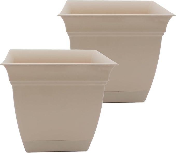 The HC Companies 12 Inch Eclipse Square Planter Pots w/Drainage Holes & Attached Saucer, Lightweight UV-Resistant Plastic Indoor Outdoor Planters, 2-Pack Flower Pots, Garden Home Decor, Cottage Stone TheHCCompanies